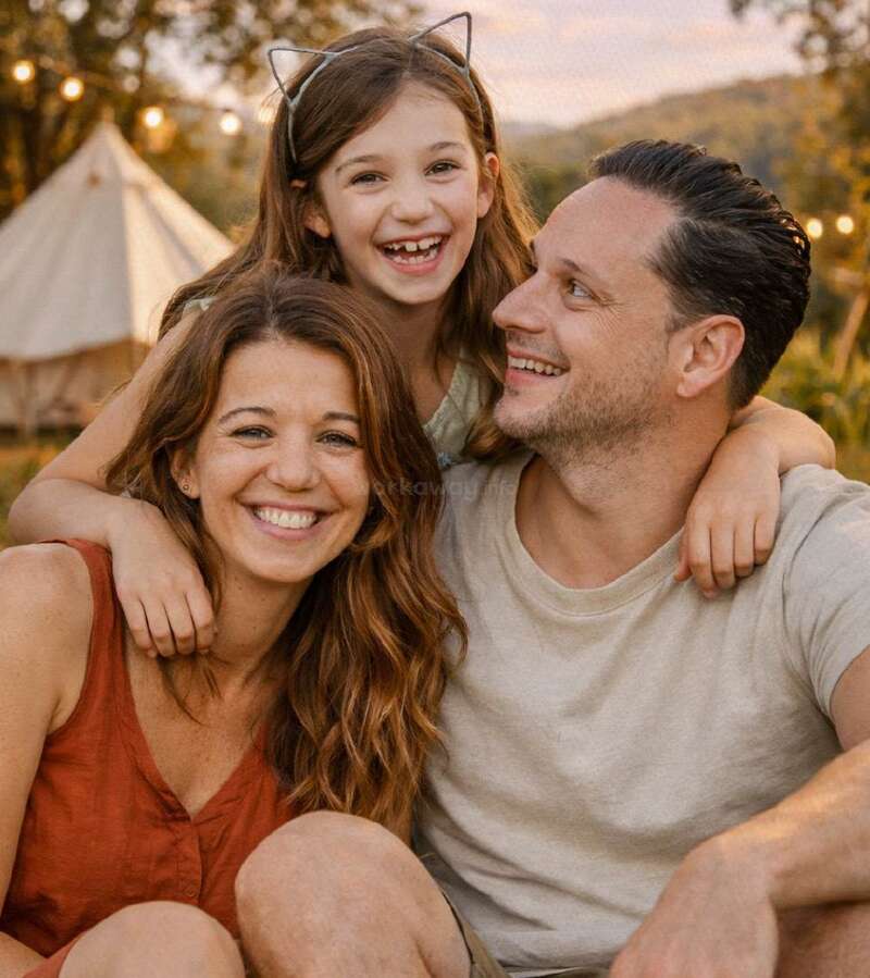 Une famille heureuse de trois personnes sourit en plein air au coucher du soleil. La fille, qui porte un serre-tête à oreilles de chat, serre ses parents dans ses bras. Ils ont l'air joyeux, chaleureux et proches les uns des autres.