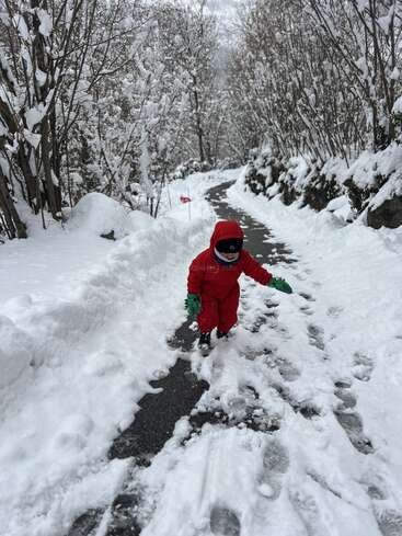 A child in a red snowsuit walks along a snowy path surrounded by snow-covered trees, enjoying a winter day, leaving footprints behind in the fresh snow.