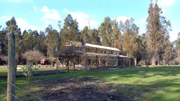 A wooden structure is under construction in a grassy field, surrounded by tall trees. Workers are visible on scaffolding, with blue sky and scattered clouds above.