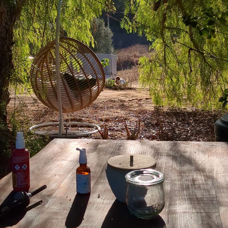 Sunlight filters through green leaves onto a wooden table with bottles and jars. In the background, a hanging rattan chair and nature create a peaceful scene.