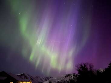 Colorful aurora lights, with green and purple hues, dance gracefully across the night sky above snowy mountains and cozy houses, creating a magical, dreamy atmosphere.