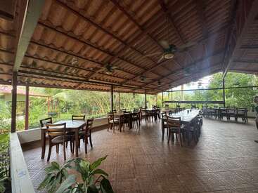 Esta imagen muestra un patio comedor al aire libre con varias mesas y sillas de madera, suelo de baldosas, ventiladores de techo y vistas a las exuberantes plantas del exterior.