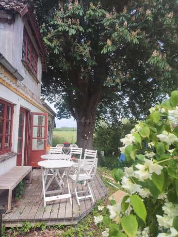 A rustic wooden house with red windows sits beside a large tree. White outdoor furniture is arranged on a wooden deck, surrounded by blooming greenery and countryside views.