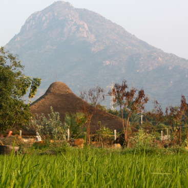 The image depicts a serene landscape featuring a grassy field, a thatched-roof hut, and a majestic mountain in the background, evoking a sense of tranquility.