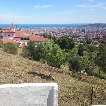 La imagen representa una ladera con un muro blanco, árboles y un paisaje urbano a lo lejos, con edificios con tejados de terracota y una masa de agua más allá.