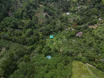 Dieses Luftbild zeigt einen üppigen, grünen Wald mit verstreuten Häusern und Gebäuden, eingebettet in dichte Bäume und Vegetation. Das Gelände scheint hügelig und abgelegen zu sein.
