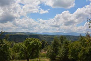 The image depicts a serene landscape with rolling hills, trees, and a body of water, evoking a sense of natural beauty and tranquility. The scene is characterized by its peaceful and idyllic atmosphere.