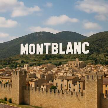 La photo montre une ville médiévale aux bâtiments et remparts en pierre, nichée au pied de collines verdoyantes. De grandes lettres blanches formant le mot « MONTBLANC » sont inscrites à la manière d'Hollywood sur le flanc de la colline.