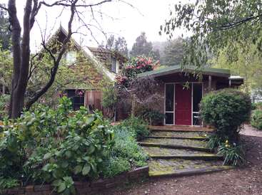 La imagen representa una encantadora casa con una puerta roja, rodeada de exuberante vegetación y flores vibrantes, que desprenden una sensación de serenidad y belleza natural.