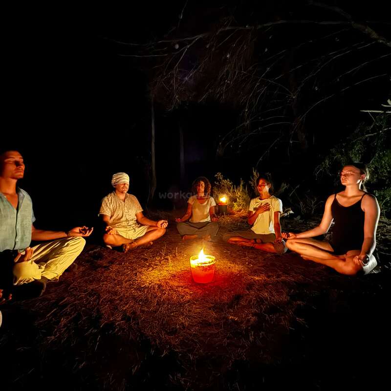 The image depicts five individuals seated in a circle around a lit candle, surrounded by trees, in a serene nighttime setting. They are all in a meditative pose.