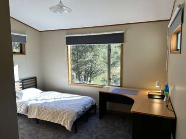 A tidy bedroom with a single bed, blanket, and pillow. Large window, desk with lamp, lava lamp, forest view outside, neutral-colored walls, and carpeted floor.