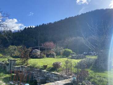 A sunny garden scene with lush green grass, vibrant plants, stone walls, garden structures, and towering forested hills under a blue sky with scattered clouds.