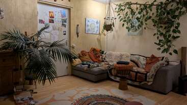 Uma sala de estar aconchegante com iluminação quente, sofá seccional cinza, almofadas variadas, cobertores, um tambor, plantas de interior vibrantes, arte na parede e um tapete estampado. Atmosfera convidativa.