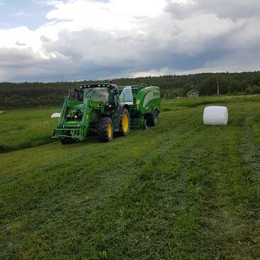 Das Bild zeigt einen grünen Traktor und eine Ballenpresse in einem Grasfeld mit einem wolkenverhangenen Himmel darüber und einem weißen Heuballen auf dem Boden rechts davon.