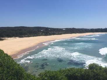 The image depicts a serene beach scene with a sandy shore, gentle waves, and lush greenery, set against a clear blue sky on a sunny day.