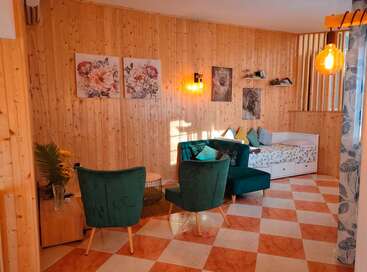 Cette pièce chaleureuse, avec ses murs en bois, ses compositions florales, ses fauteuils en velours vert, son lit de repos, son éclairage tamisé, son sol en damier, ses plantes et ses coussins décoratifs, dégage une atmosphère accueillante.