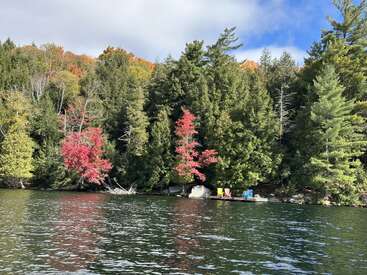 Une scène paisible au bord d'un lac avec des arbres à feuilles persistantes, un feuillage d'automne rouge vif, une eau claire et un petit quai avec des chaises colorées, sous un ciel partiellement nuageux.