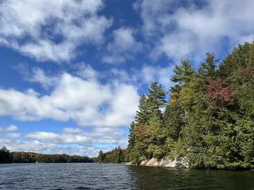 Un lac serein bordé d'arbres denses, verts et légèrement teintés d'automne, avec un ciel bleu vif parsemé de nuages blancs et cotonneux au-dessus de la tête, créant une scène paisible.