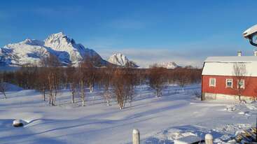 Eine ruhige Winterlandschaft mit schneebedecktem Boden, kahlen Bäumen und beeindruckenden Bergen im Hintergrund. Ein rotes Haus steht am Rand unter einem strahlend blauen Himmel.