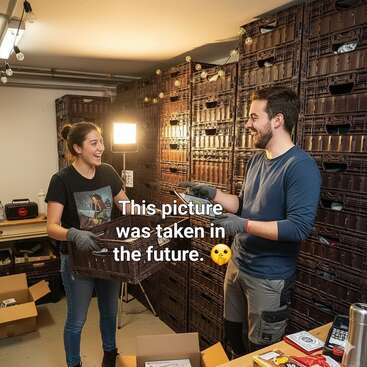 Deux personnes sourient en travaillant dans un entrepôt rempli de boîtes et de caisses. Le texte affirme avec humour : "Cette photo a été prise dans le futur".