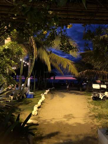 Um caminho de areia leva até a praia, ladeado por palmeiras e pedras, com mesas ao ar livre à esquerda, luzes de corda suaves e um lindo céu ao entardecer.