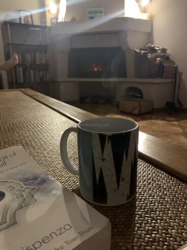 Una acogedora escena de salón, con una taza humeante y un libro sobre una mesa tejida, con una chimenea y una estantería iluminando cálidamente el fondo.