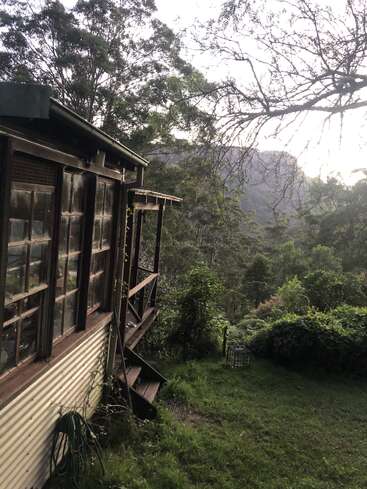 Uma cabana rústica de madeira com janelas grandes tem vista para uma paisagem verdejante e florestada. O cenário tranquilo tem árvores, arbustos e colinas distantes enevoadas.
