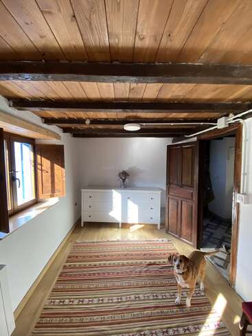 A cozy rustic room with wooden ceiling and beams, white walls, open window, patterned rug, dresser, vase with flowers, and a brown dog standing inside.