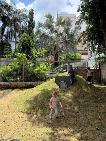 Three children play on a grassy mound with a tunnel in a lush, green outdoor setting surrounded by palm trees, under a sunny, partly cloudy sky.