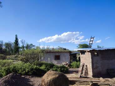 Eine ländliche Szene mit zwei einfachen, rustikalen Häusern, umgeben von Grün, Holzleitern, Heuballen und Bäumen, unter einem strahlend blauen Himmel mit Wolken.