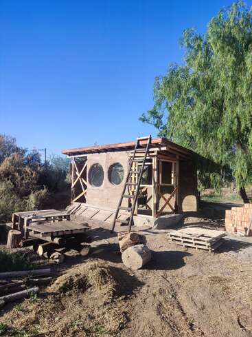 A rustic, unfinished earth and wood cabin sits under a clear blue sky. Pallets, logs, a ladder, and bricks are scattered around in a natural setting.