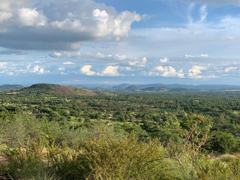 This image shows a vast green landscape with rolling hills, scattered bushes, and trees under a bright blue sky filled with large, fluffy clouds. Peaceful scene.