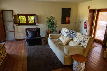 Sala de estar aconchegante com piso de madeira, sofá creme adornado com almofadas, estampa, poltrona, tapete marrom, vaso de plantas, pequena mesa redonda, arte na parede e luz solar.