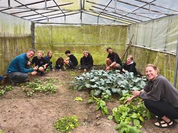 A group of smiling people, both adults and youths, are working together inside a greenhouse, tending to various green plants and vegetables grown in the soil.