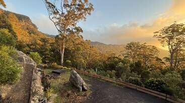La lumière dorée du soleil baigne une vallée boisée luxuriante, avec de grands arbres, des falaises rocheuses et des montagnes lointaines. Un chemin de terre et une clôture rustique en bois complètent ce paysage paisible.