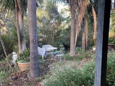 Una tranquila escena de jardín con altas palmeras, follaje verde y un conjunto de mesa y sillas de hierro forjado blanco, rodeado de flores y vegetación natural.