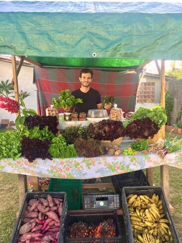Un vendeur souriant se tient devant un étal coloré d'un marché en plein air, où sont joliment disposés à la vente des légumes verts frais, des patates douces, des bananes, des herbes aromatiques et d'autres légumes bio.