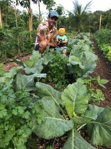 Un homme et un jeune enfant, dont le visage est masqué par un emoji souriant, sont agenouillés ensemble dans un potager luxuriant et coloré, au milieu d'un écrin de verdure.