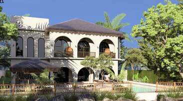 Cette luxueuse villa au toit de chaume, aux fenêtres cintrées et aux balcons est entourée d'arbres luxuriants. Elle dispose d'une piscine, de chaises longues et d'une clôture en bambou naturel.