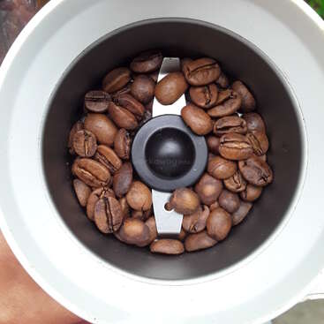 Cette image montre des grains de café à l'intérieur d'un moulin à café électrique. Les lames sont visibles, prêtes à moudre les grains pour préparer du café frais.