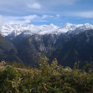 L'image représente une majestueuse chaîne de montagnes aux sommets enneigés, sur fond de ciel bleu avec des nuages blancs et une verdure luxuriante au premier plan.