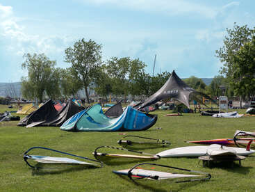 Colorful kites, windsurf sails, and boards are spread across a grassy park. Trees, tents, and people populate the background under a bright, partly cloudy sky.
