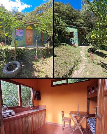 Cette photo montre une petite cabane verte nichée en pleine nature, avec des fresques colorées à l'extérieur, des citronniers, un hamac, ainsi qu'une cuisine et un coin repas simples et chaleureux, de couleur orange, à l'intérieur.