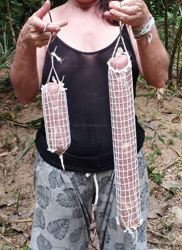 A person is holding two large sausages or salamis encased in netting, one in each hand, while standing outdoors in a natural, leafy setting.