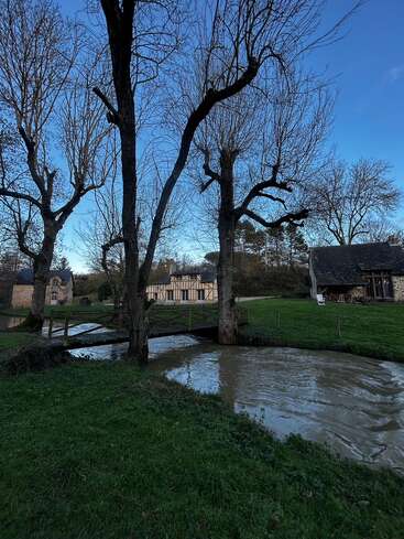 Ein schmaler Bach fließt unter einer kleinen Fußgängerbrücke durch, umgeben von grünem Gras, kahlen Bäumen und hübschen Häuschen vor einem klaren, blauen Winterhimmel.