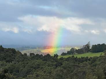 Un vibrante arcoíris emerge de exuberantes campos verdes, extendiéndose hacia arriba hasta un cielo nublado, rodeado de densos bosques y lejanas colinas onduladas. La belleza de la naturaleza brilla con intensidad.