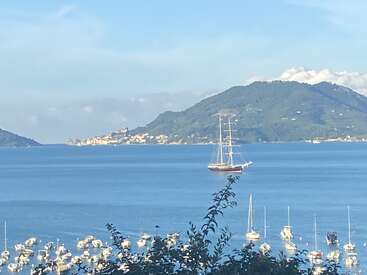 Eine ruhige Bucht mit zahlreichen kleinen Booten, die in Ufernähe ankern, einem majestätischen großen Schiff in der Mitte und üppig grünen Hügeln im Hintergrund.