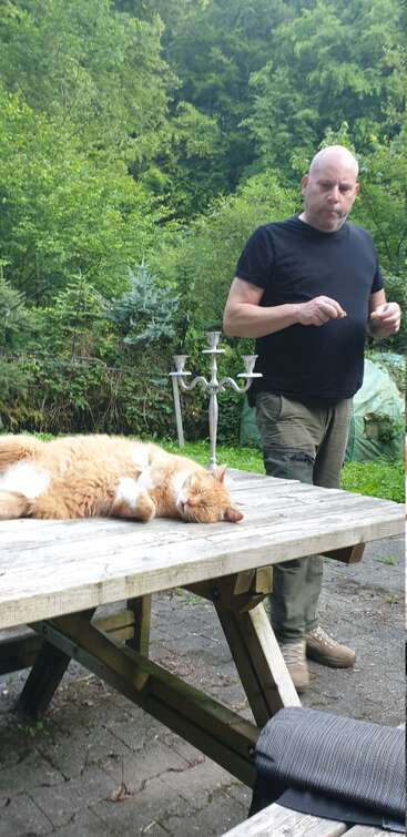 Un hombre está de pie al aire libre junto a una mesa de picnic de madera en la que duerme plácidamente un gato naranja. Un frondoso bosque rodea este entorno tranquilo, rústico y lleno de naturaleza.