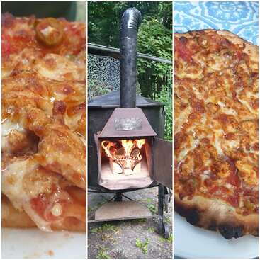 This image is a collage showing a close-up of cheesy pizza, a wood-fired outdoor oven with flames, and a freshly baked pizza on a blue-patterned table.