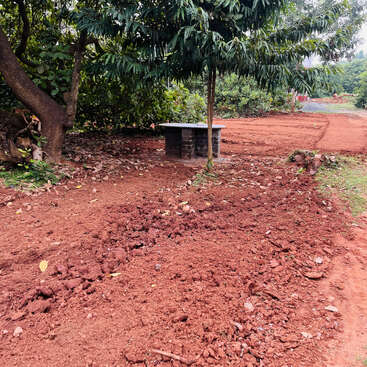 A rustic scene with red soil, a stone bench under leafy trees, fallen leaves scattered around, and lush green surroundings, creating a peaceful outdoor atmosphere.